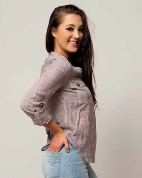 3/4 ROLL UP SLEEVE BUTTON DETAIL w/POCKET STRIPE WOVEN TOP