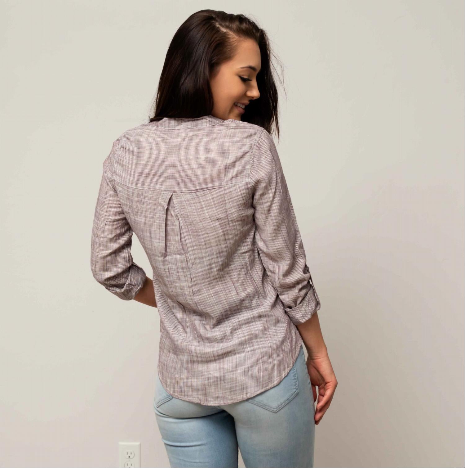 3/4 ROLL UP SLEEVE BUTTON DETAIL w/POCKET STRIPE WOVEN TOP - Image 3