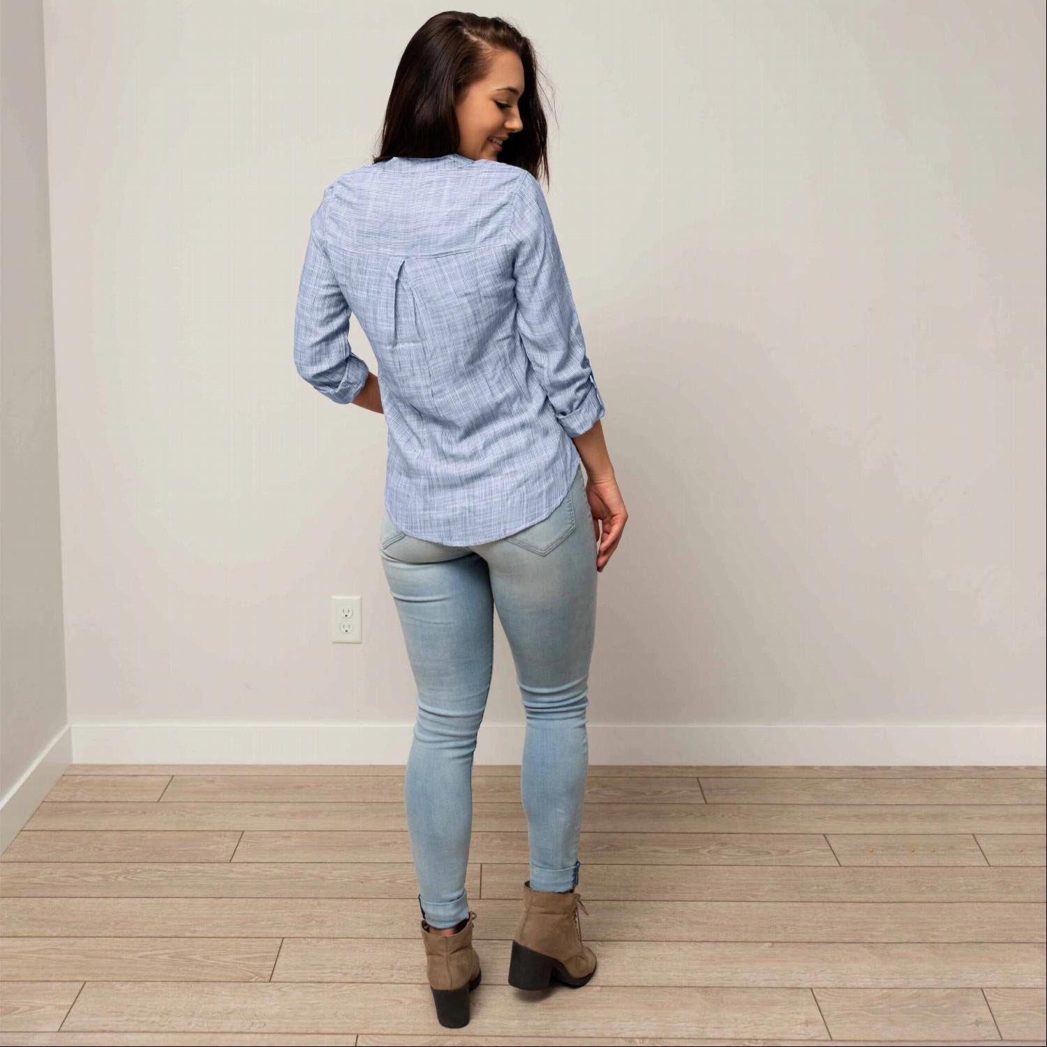 3/4 ROLL UP SLEEVE BUTTON DETAIL w/POCKET STRIPE WOVEN TOP - Image 5