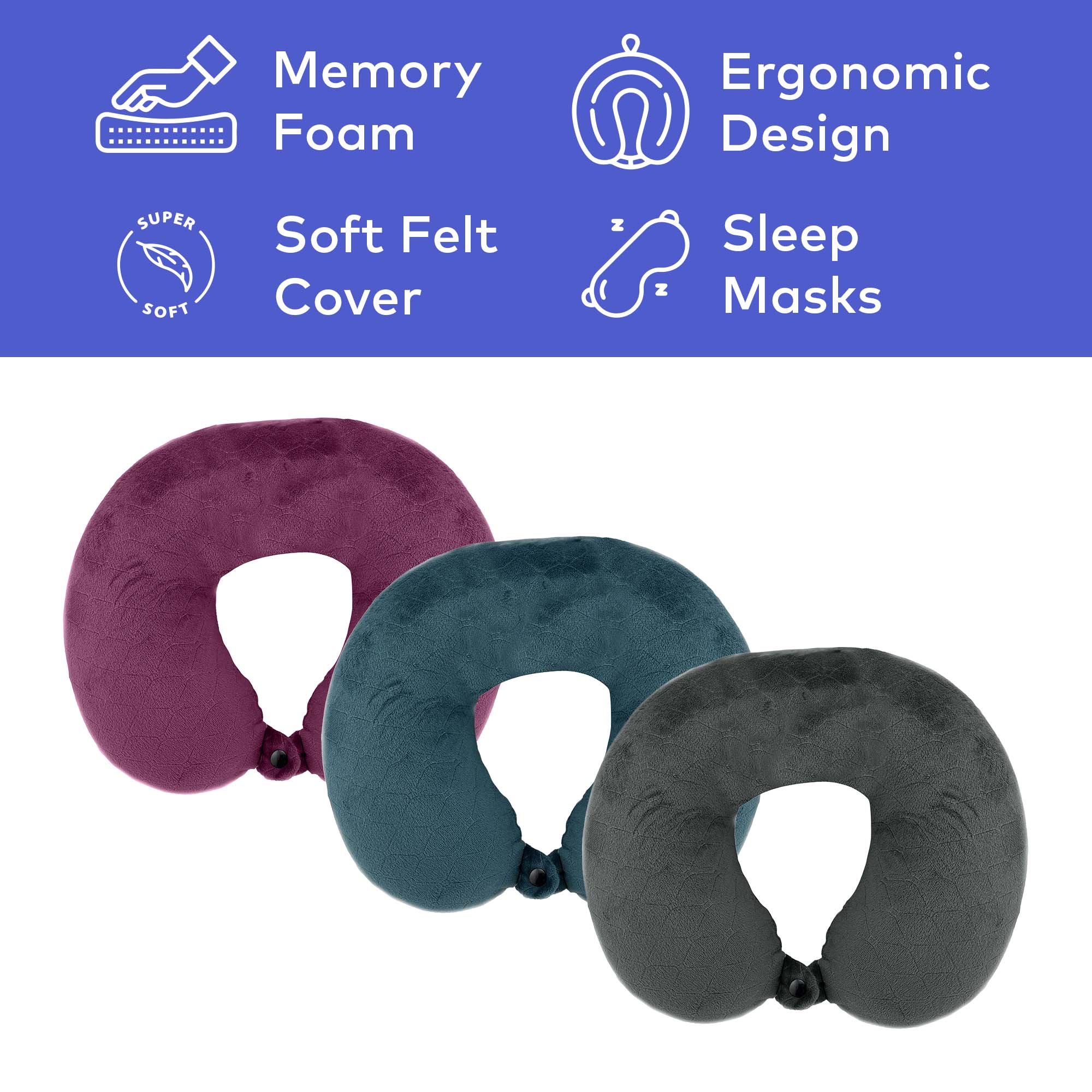 3 Memory Foam Travel Pillows with Sleep Masks by Pursonic - Image 3
