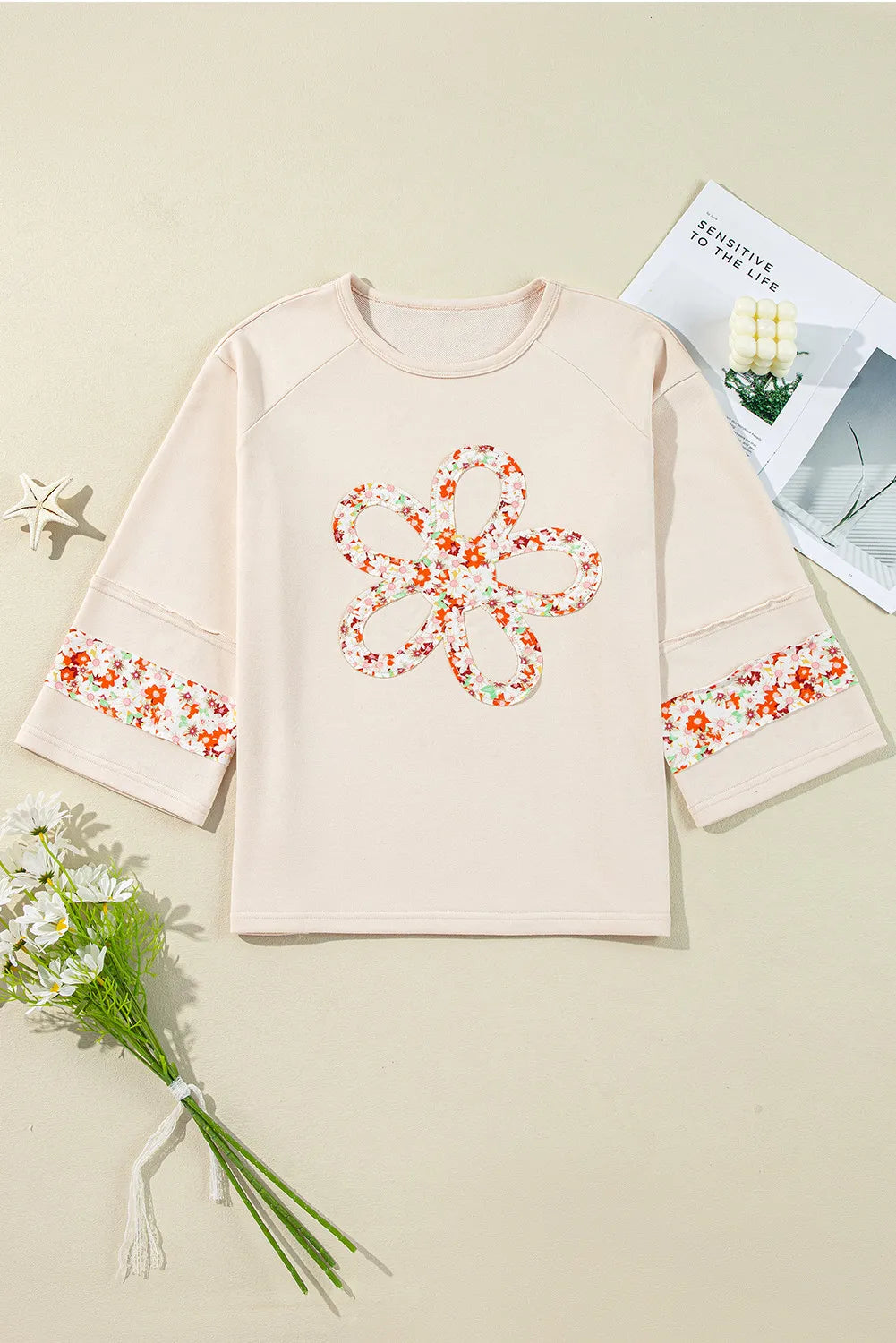 Exposed Seam Slit Floral Round Neck Blouse - Image 3