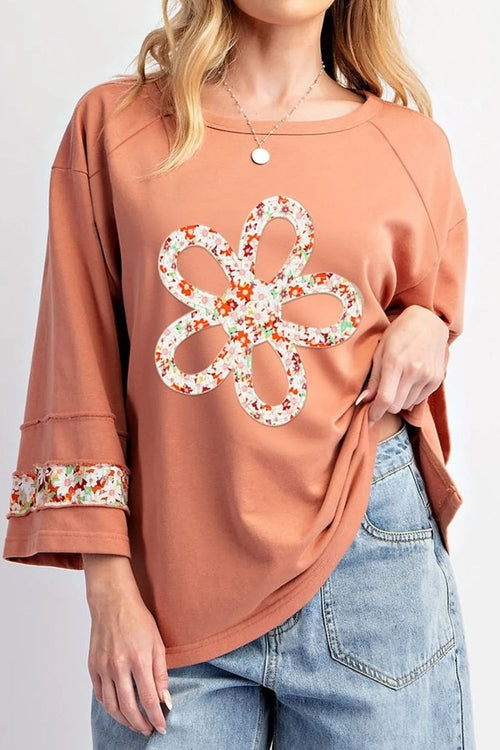 Exposed Seam Slit Floral Round Neck Blouse - Image 10