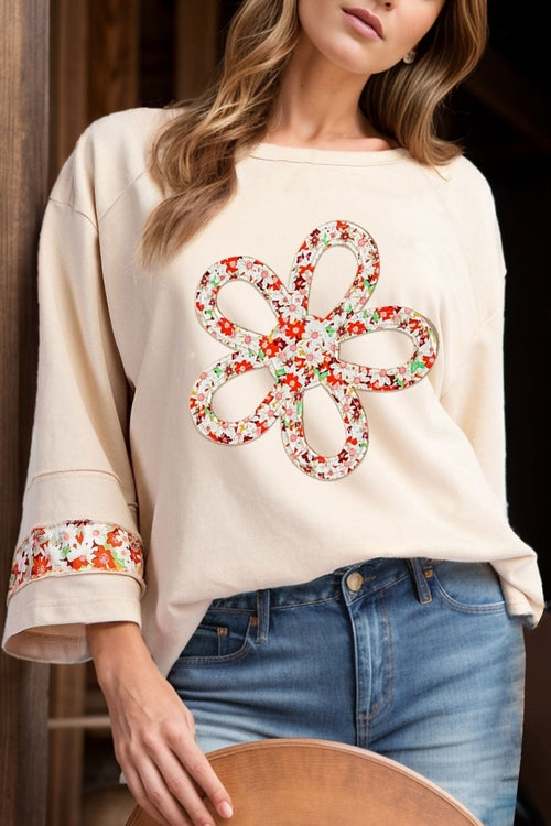 Exposed Seam Slit Floral Round Neck Blouse - Image 9