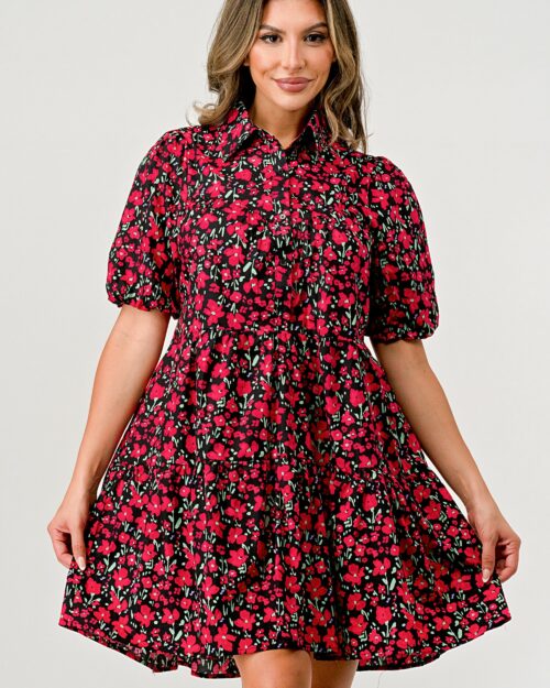 Floral Print Tiered Dress with Puff Sleeves - Button-Down Casual