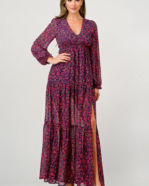 Floral V-Neck Long Sleeve Maxi Dress with Tiered Skirt and Side Slit