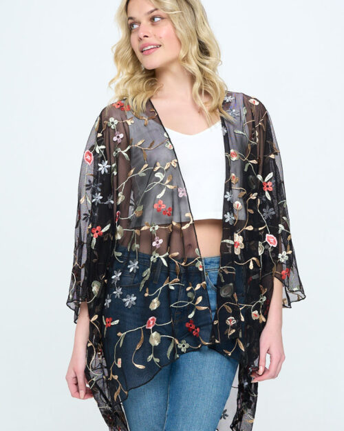 Floral embroidered mesh oversized kimono