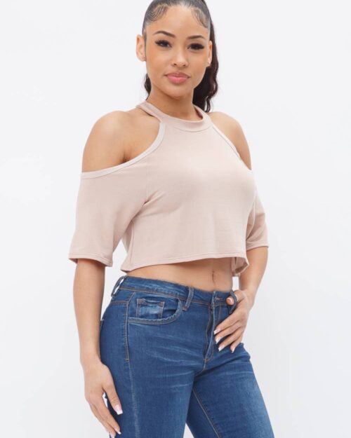 French Terry Solid Shoulder Cut Out Detail Half Sleeve Top