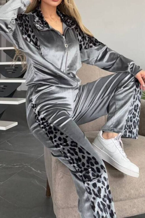 Full Size Collared Neck Leopard Zip Up Top and Pants Set Plus Size - Image 3