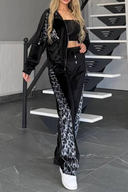 Full Size Collared Neck Leopard Zip Up Top and Pants Set Plus Size - Image 4