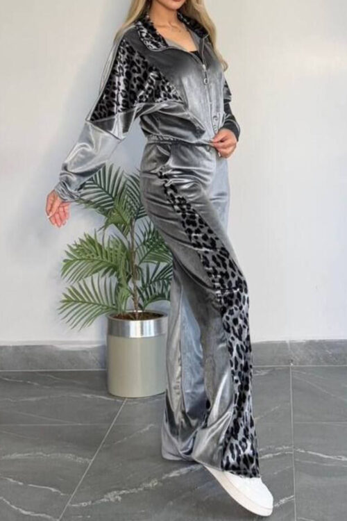 Full Size Collared Neck Leopard Zip Up Top and Pants Set Plus Size - Image 2