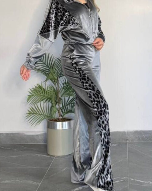 Full Size Collared Neck Leopard Zip Up Top and Pants Set Plus Size