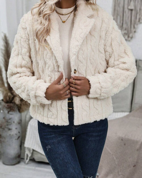 Fuzzy Button Up Collared Neck Jacket