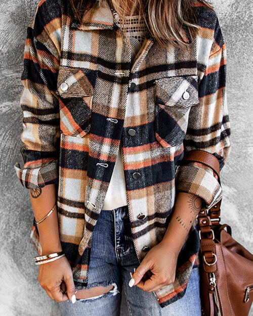 Geometric Plaid Print Pocketed Shacket