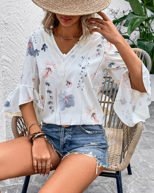 Honey Ruffled Printed V-Neck Half Sleeve Blouse