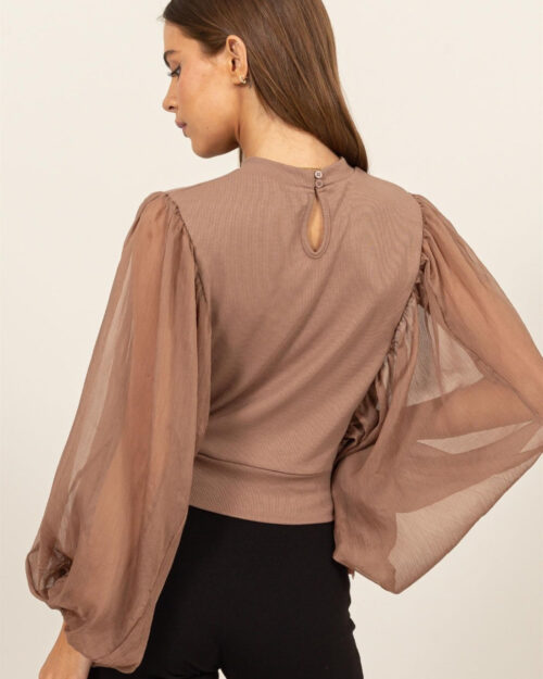 HYFVE Ruched Sheer Long Sleeve Mock Neck Blouse
