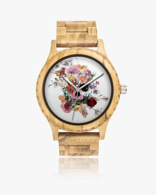 Jacki Easlick Floral Skull Italian Olive Lumber Wooden Watch